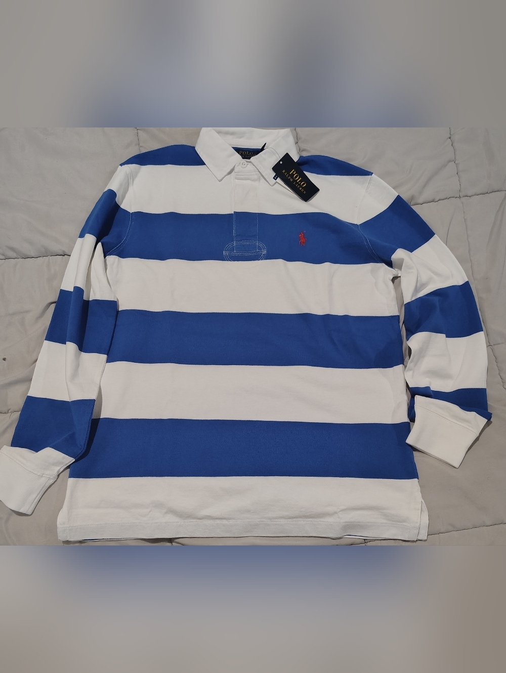 Ralph Lauren Men's Blue and White Striped Rugby Polo Size Medium NWT